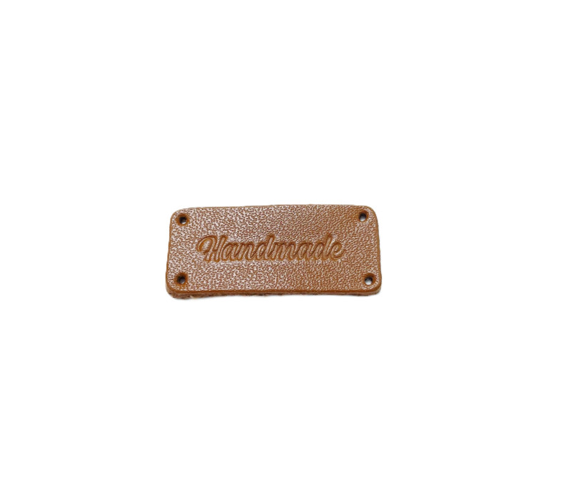Бірка шкіряна пришивна 3х1,5 см "Hand made" Карамель (30151-PK)